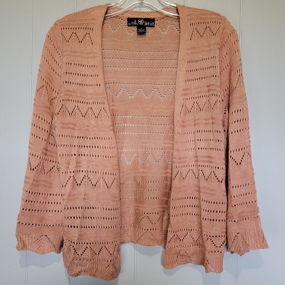 80 Park Womens Peach Pointelle Open Knit Cardigan 3/4 Sleeve Scalloped Hem Med